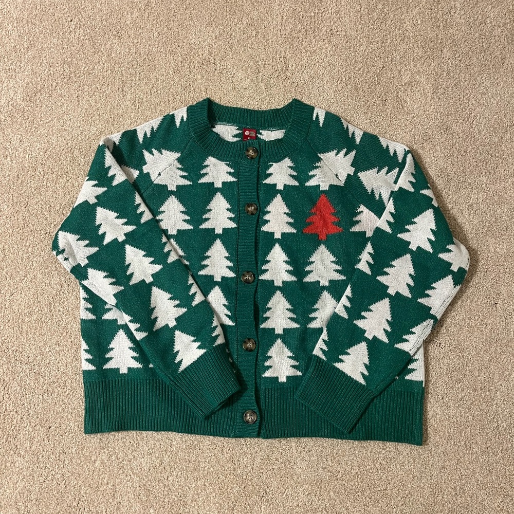 Green and White Tree Pattern Cardigan